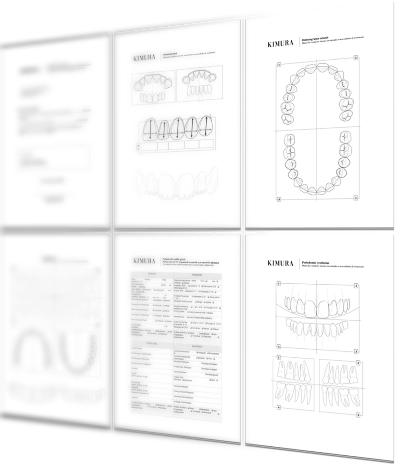 Documentos da Kimura Academy: previsão de honorários, odontogramas, ficha de saúde geral e mapa periodontal