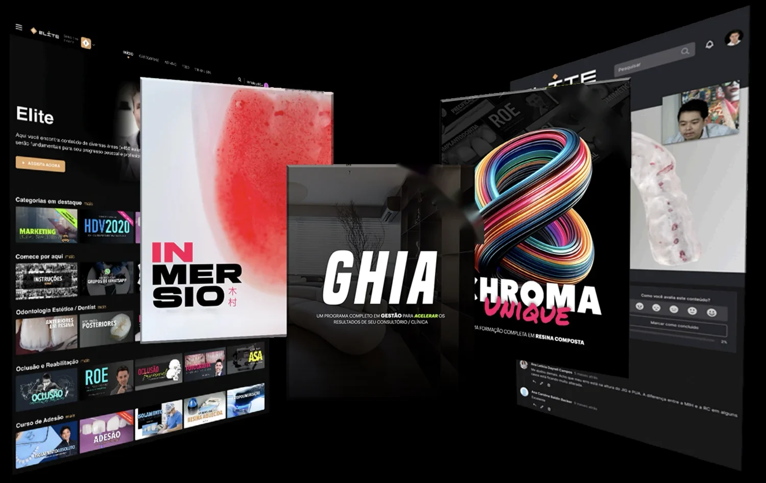 Capas dos programas InMersio, GHIA e Chroma sobre telas da plataforma